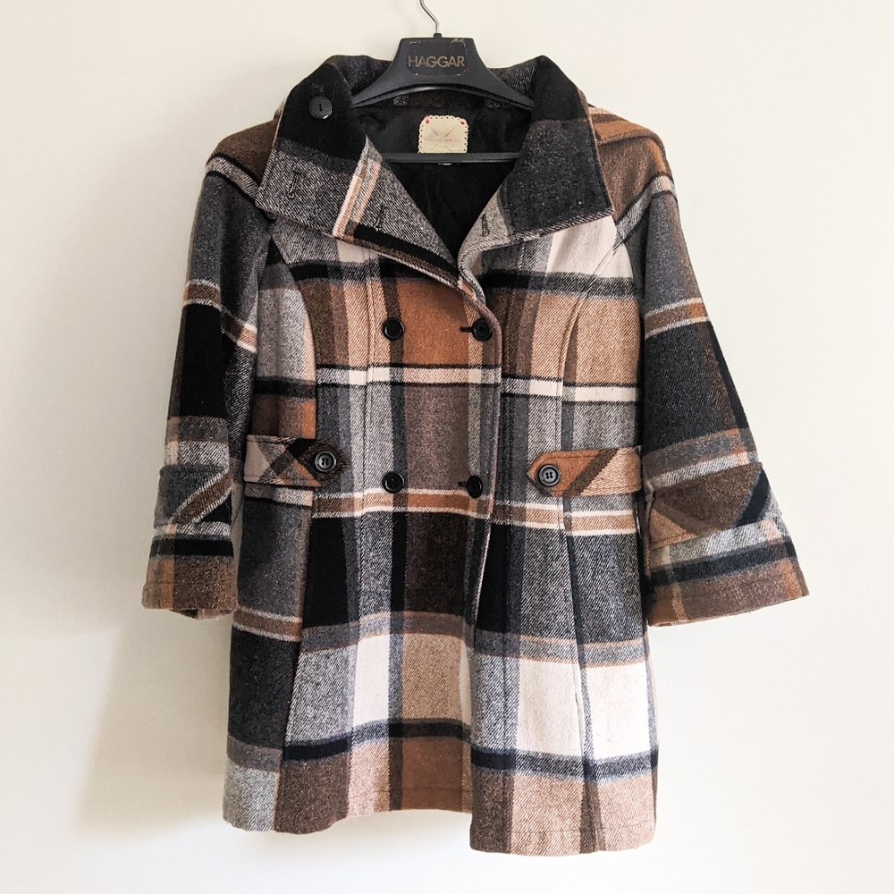 Urban Outfitters Pins and Needles Wool Plaid Hooded Peacoat